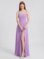 Wisteria Chiffon A-Line Square Neck Back Zip Floor-Length Bridesmaid Dress - Curvevia