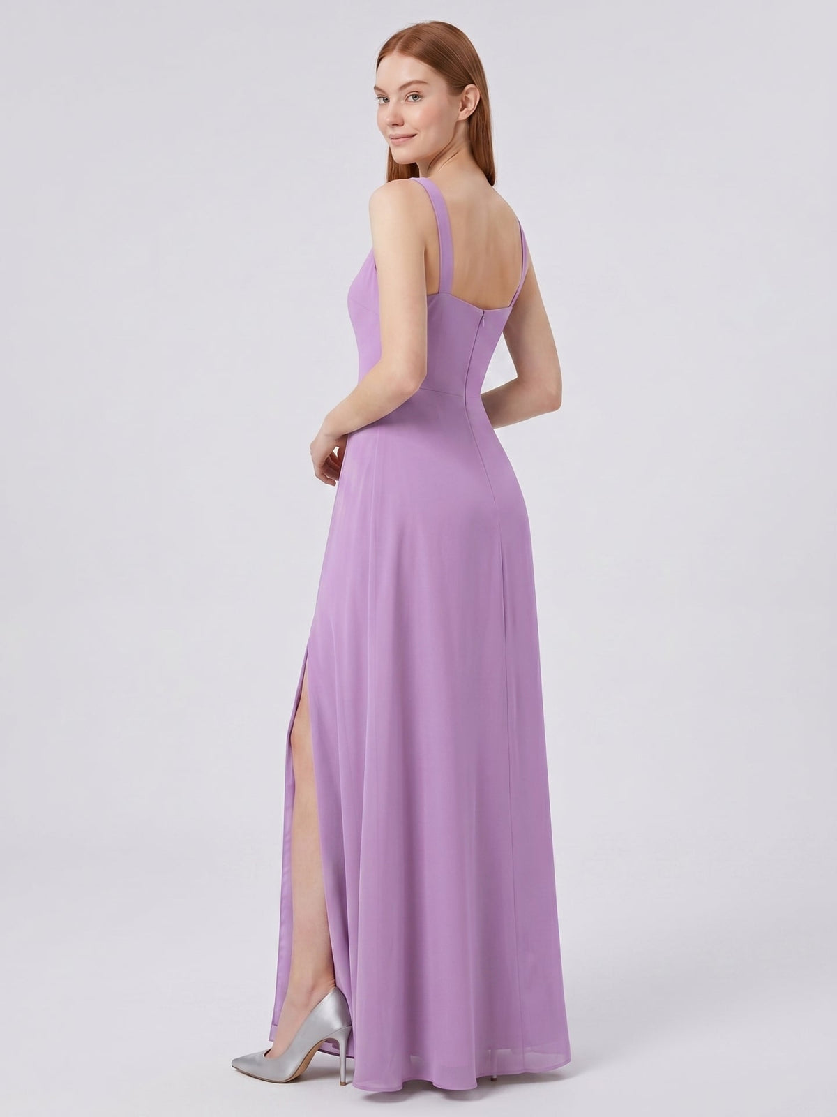 Wisteria Chiffon A-Line Square Neck Back Zip Floor-Length Bridesmaid Dress - Curvevia