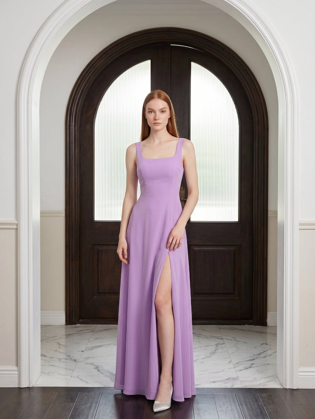 Wisteria Chiffon A-Line Square Neck Back Zip Floor-Length Bridesmaid Dress - Curvevia