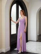 Wisteria Chiffon A-Line Square Neck Back Zip Floor-Length Bridesmaid Dress - Curvevia