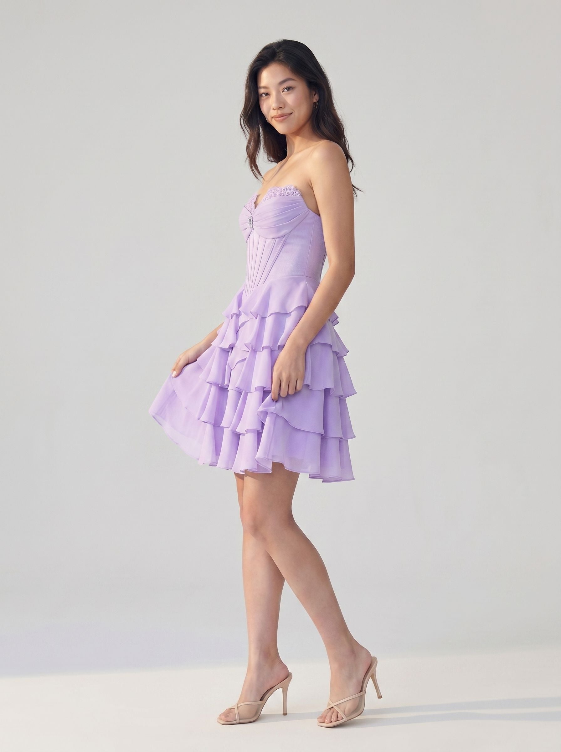 Wisteria Chiffon A-Line Sweetheart Back Zip Short Homecoming Dress with Ruffles - Curvevia