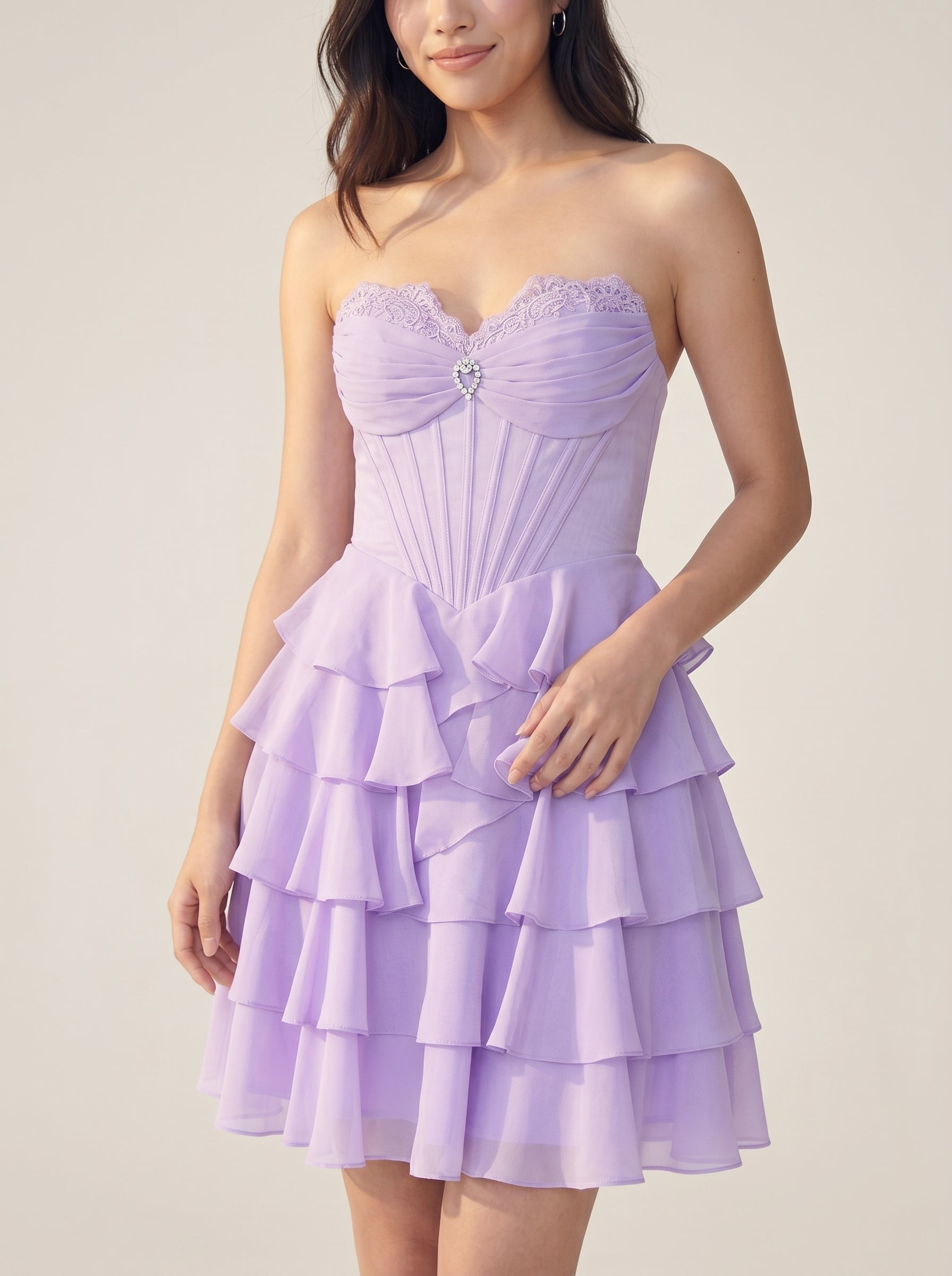 Wisteria Chiffon A-Line Sweetheart Back Zip Short Homecoming Dress with Ruffles - Curvevia