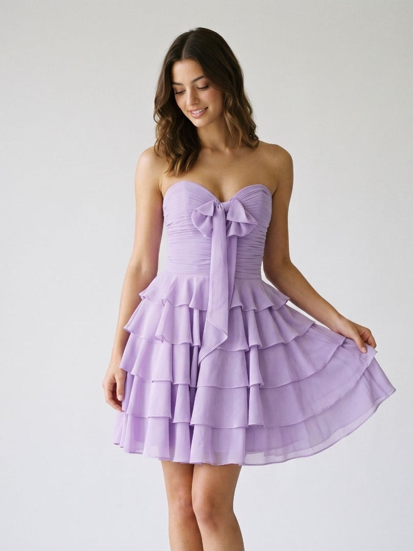 Wisteria Chiffon A-Line Sweetheart Lace-Up Back Short Birthday Dress with Cascading Ruffles - Curvevia