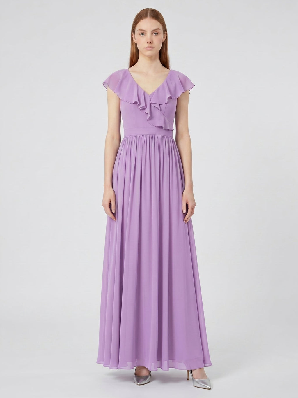 Wisteria Chiffon A-Line V-Neck Back Zip Floor-Length Bridesmaid Dress - Curvevia