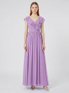Wisteria Chiffon A-Line V-Neck Back Zip Floor-Length Bridesmaid Dress - Curvevia