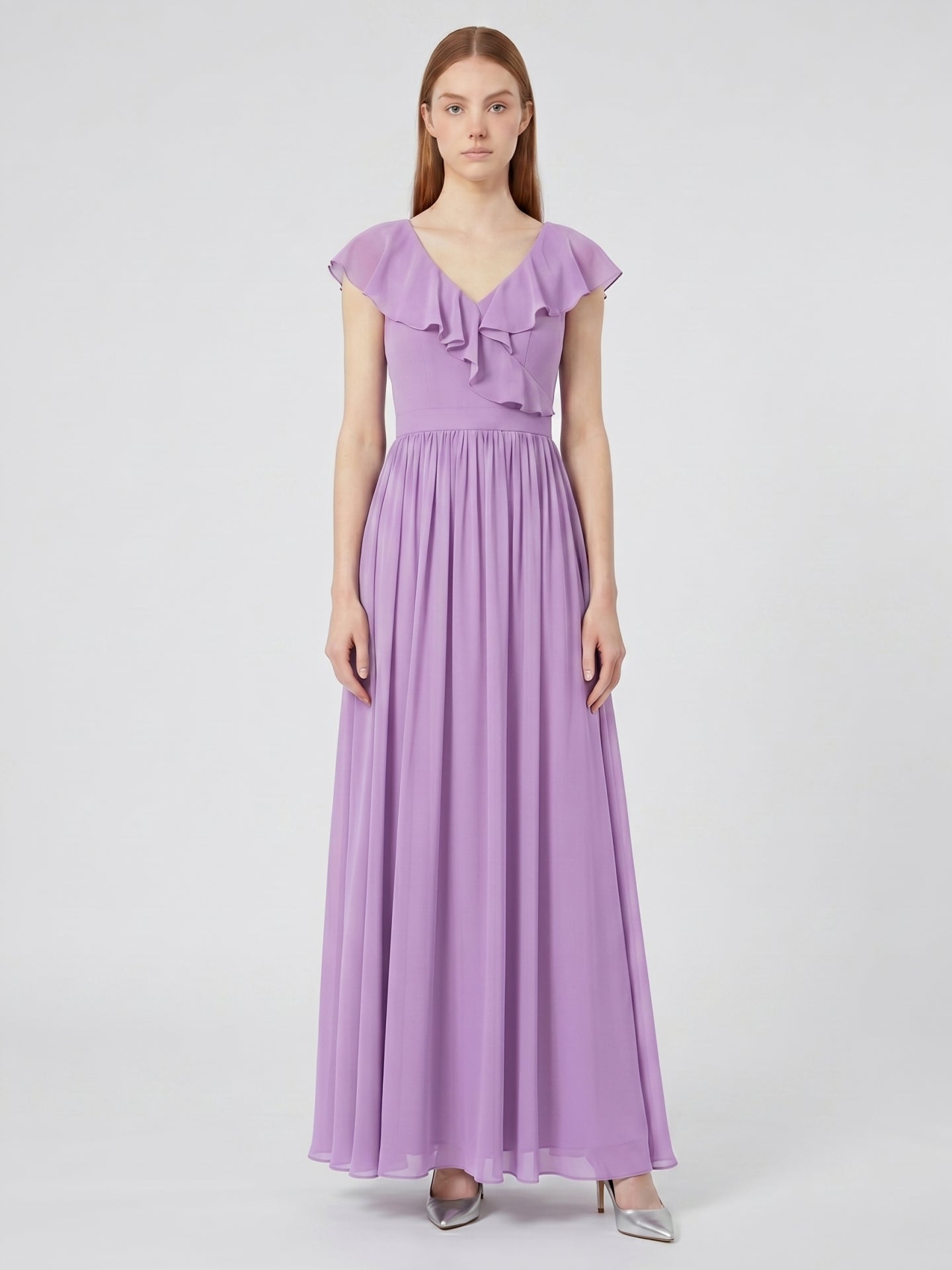Wisteria Chiffon A-Line V-Neck Back Zip Floor-Length Bridesmaid Dress - Curvevia