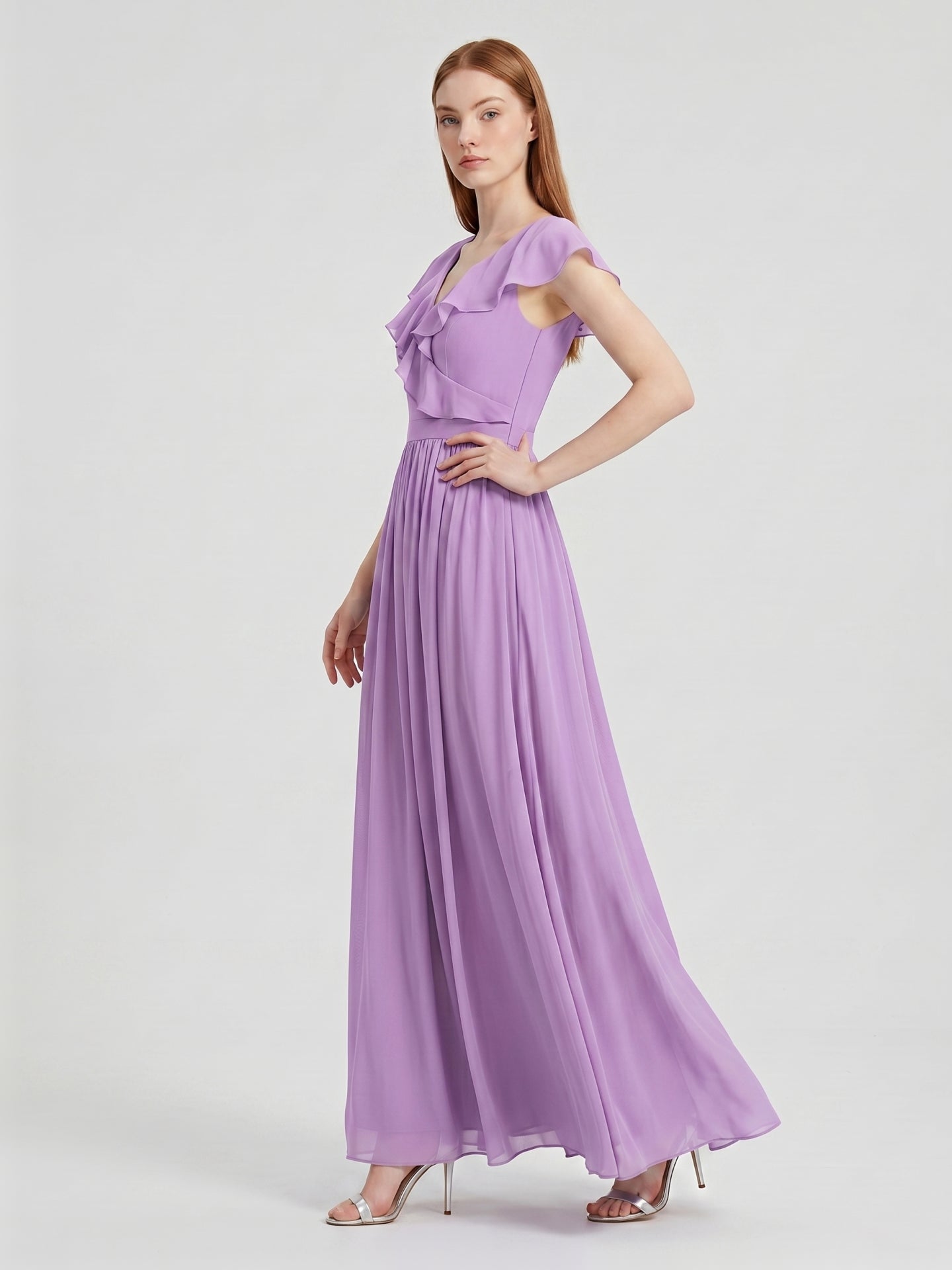 Wisteria Chiffon A-Line V-Neck Back Zip Floor-Length Bridesmaid Dress - Curvevia
