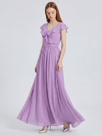 Wisteria Chiffon A-Line V-Neck Back Zip Floor-Length Bridesmaid Dress - Curvevia