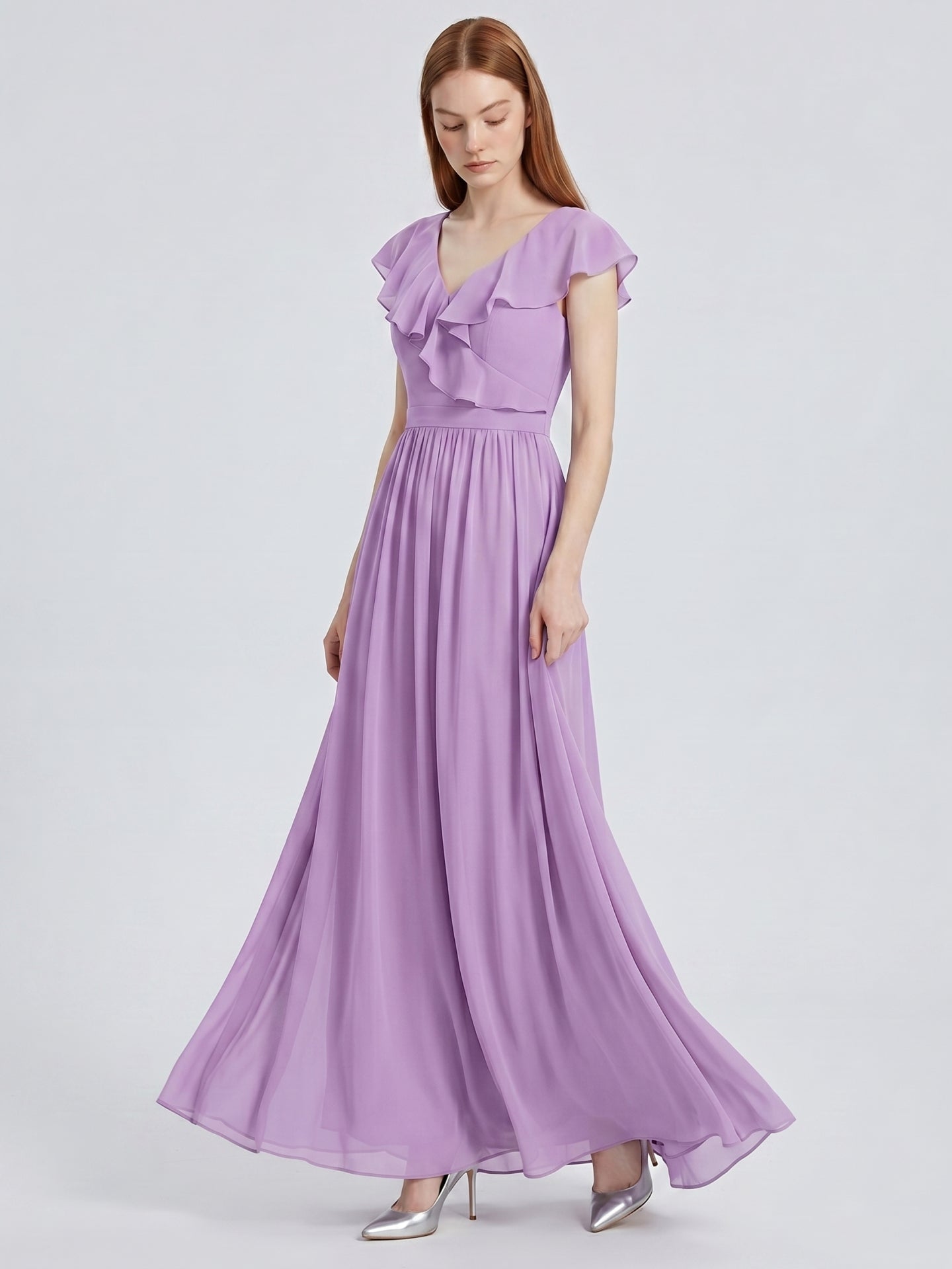 Wisteria Chiffon A-Line V-Neck Back Zip Floor-Length Bridesmaid Dress - Curvevia
