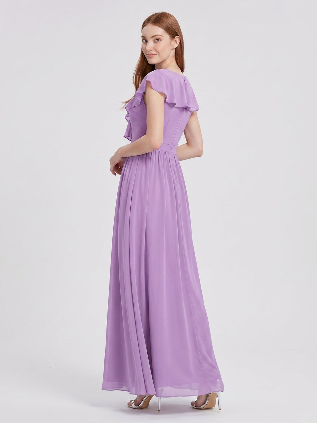 Wisteria Chiffon A-Line V-Neck Back Zip Floor-Length Bridesmaid Dress - Curvevia