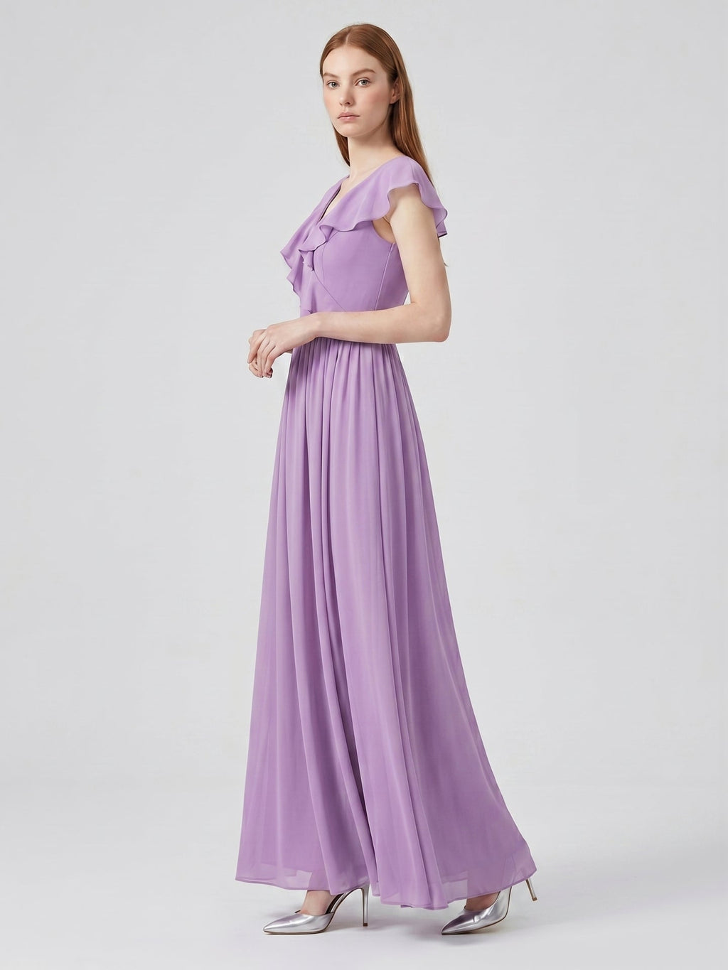 Wisteria Chiffon A-Line V-Neck Back Zip Floor-Length Bridesmaid Dress - Curvevia