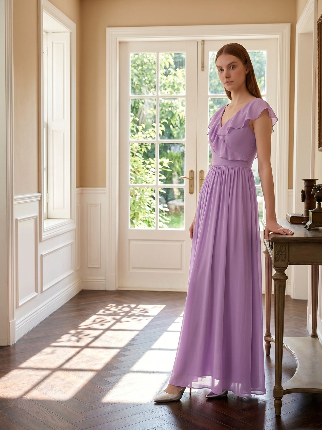 Wisteria Chiffon A-Line V-Neck Back Zip Floor-Length Bridesmaid Dress - Curvevia