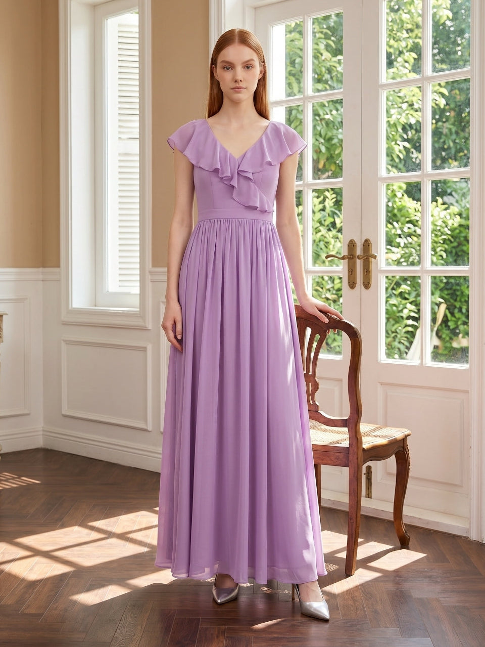 Wisteria Chiffon A-Line V-Neck Back Zip Floor-Length Bridesmaid Dress - Curvevia