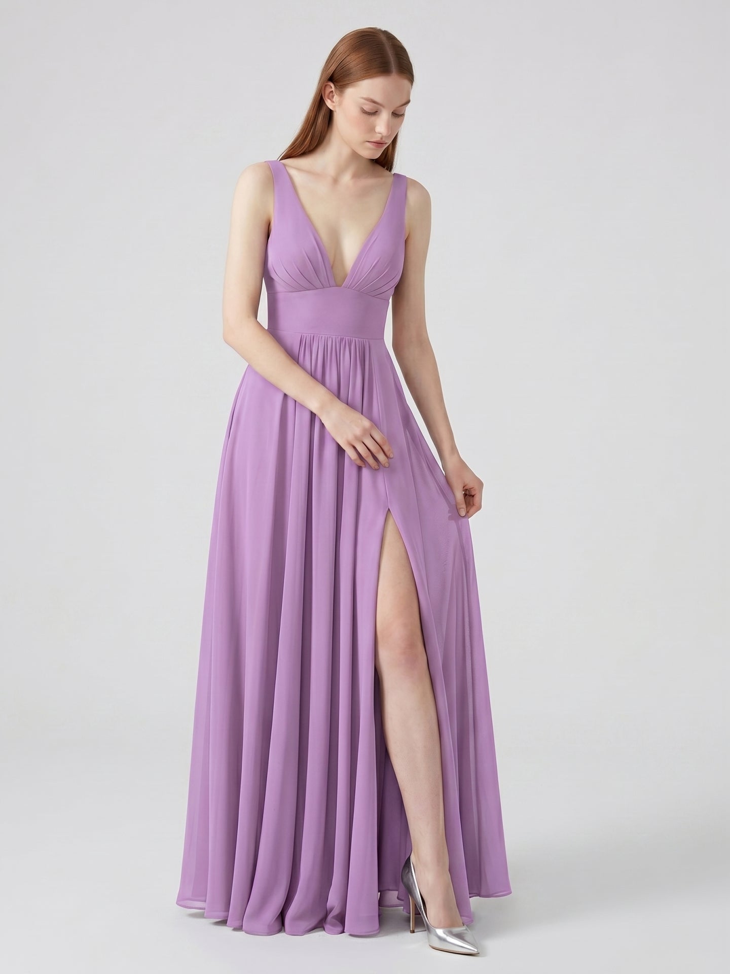 Wisteria Chiffon A-Line V-Neck Backless Floor-Length Bridesmaid Dress - Curvevia