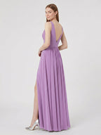 Wisteria Chiffon A-Line V-Neck Backless Floor-Length Bridesmaid Dress - Curvevia