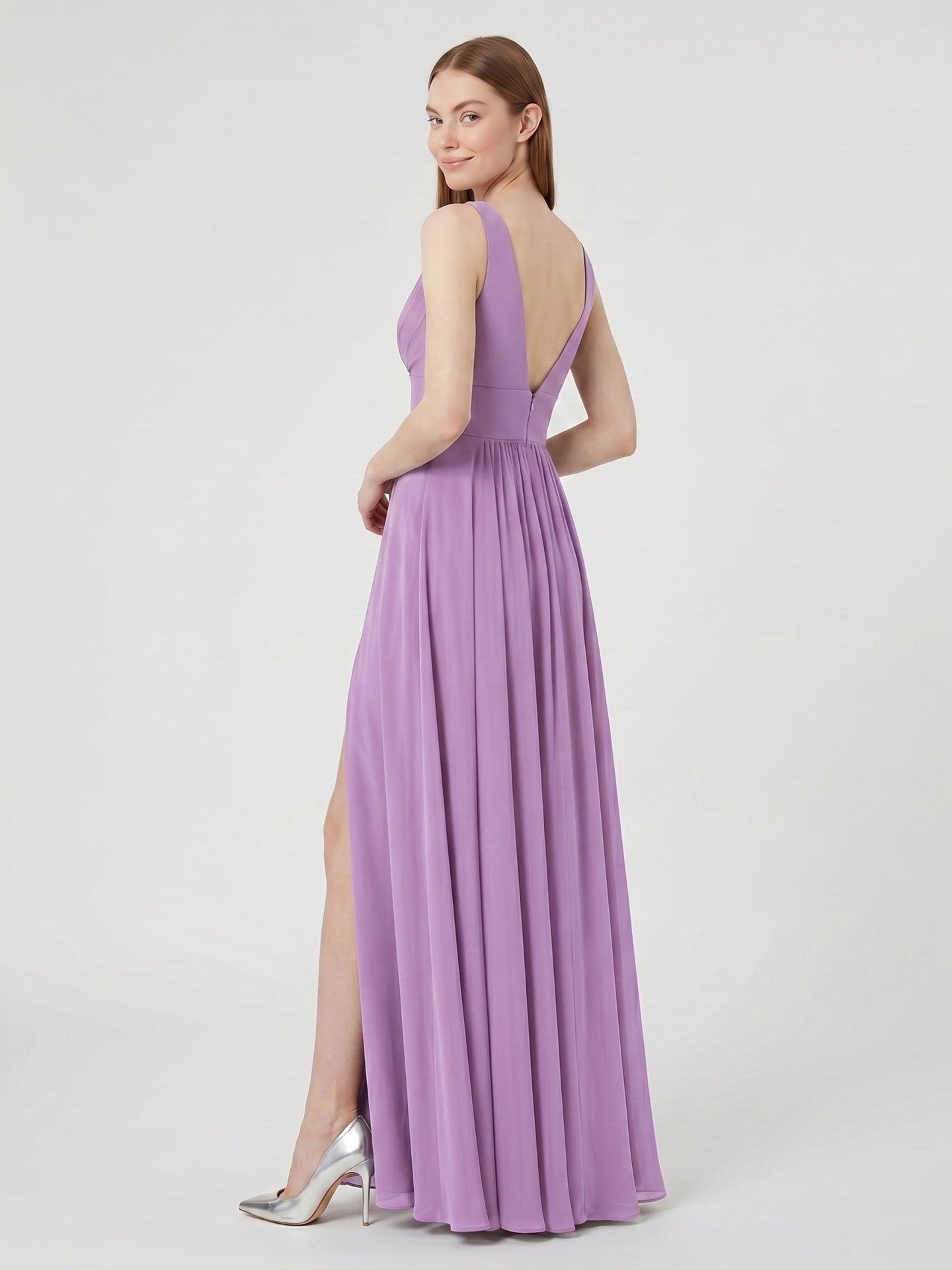 Wisteria Chiffon A-Line V-Neck Backless Floor-Length Bridesmaid Dress - Curvevia