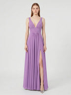 Wisteria Chiffon A-Line V-Neck Backless Floor-Length Bridesmaid Dress - Curvevia