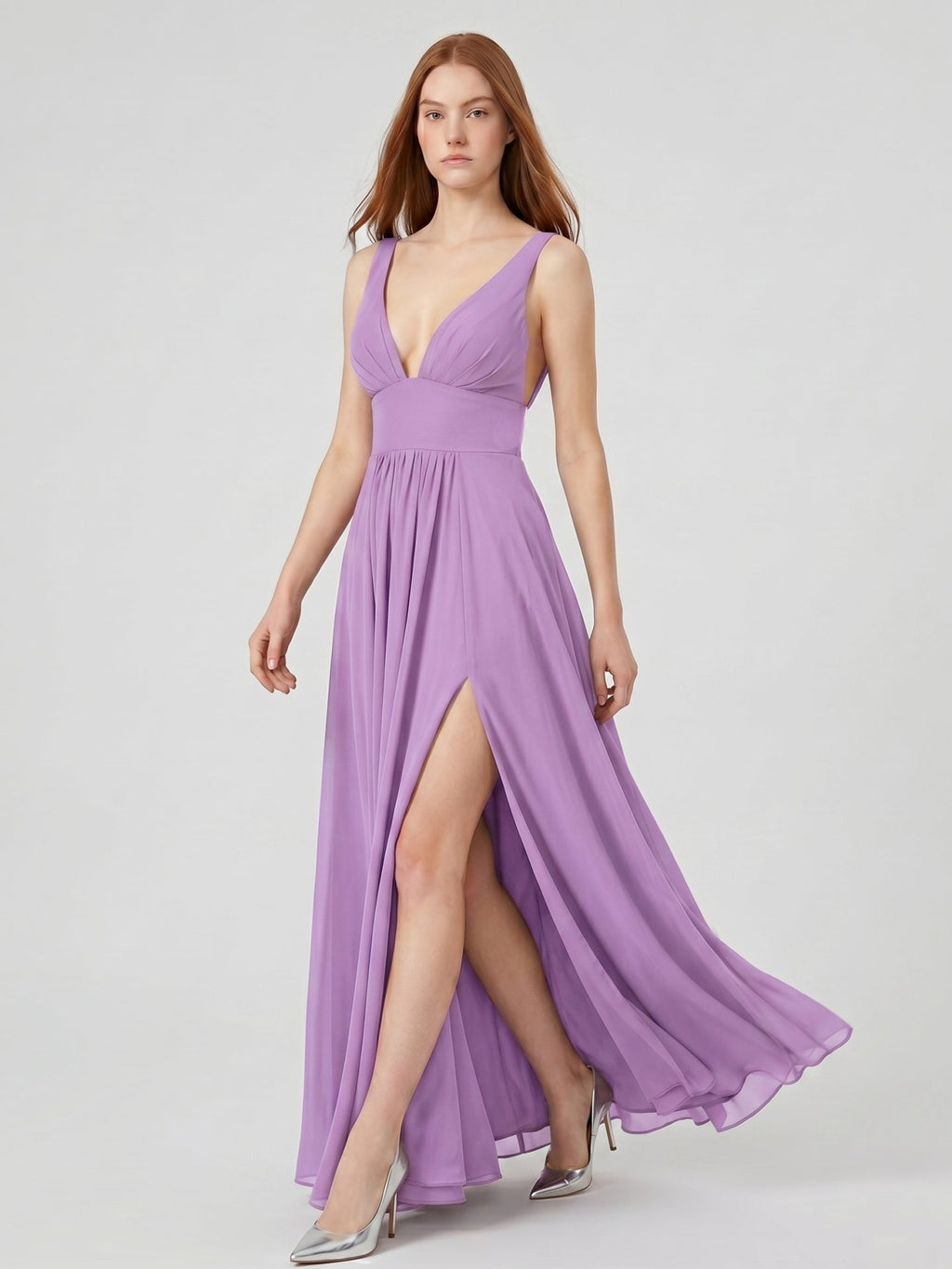 Wisteria Chiffon A-Line V-Neck Backless Floor-Length Bridesmaid Dress - Curvevia