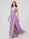 Wisteria Chiffon A-Line V-Neck Backless Floor-Length Bridesmaid Dress - Curvevia