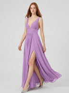 Wisteria Chiffon A-Line V-Neck Backless Floor-Length Bridesmaid Dress - Curvevia
