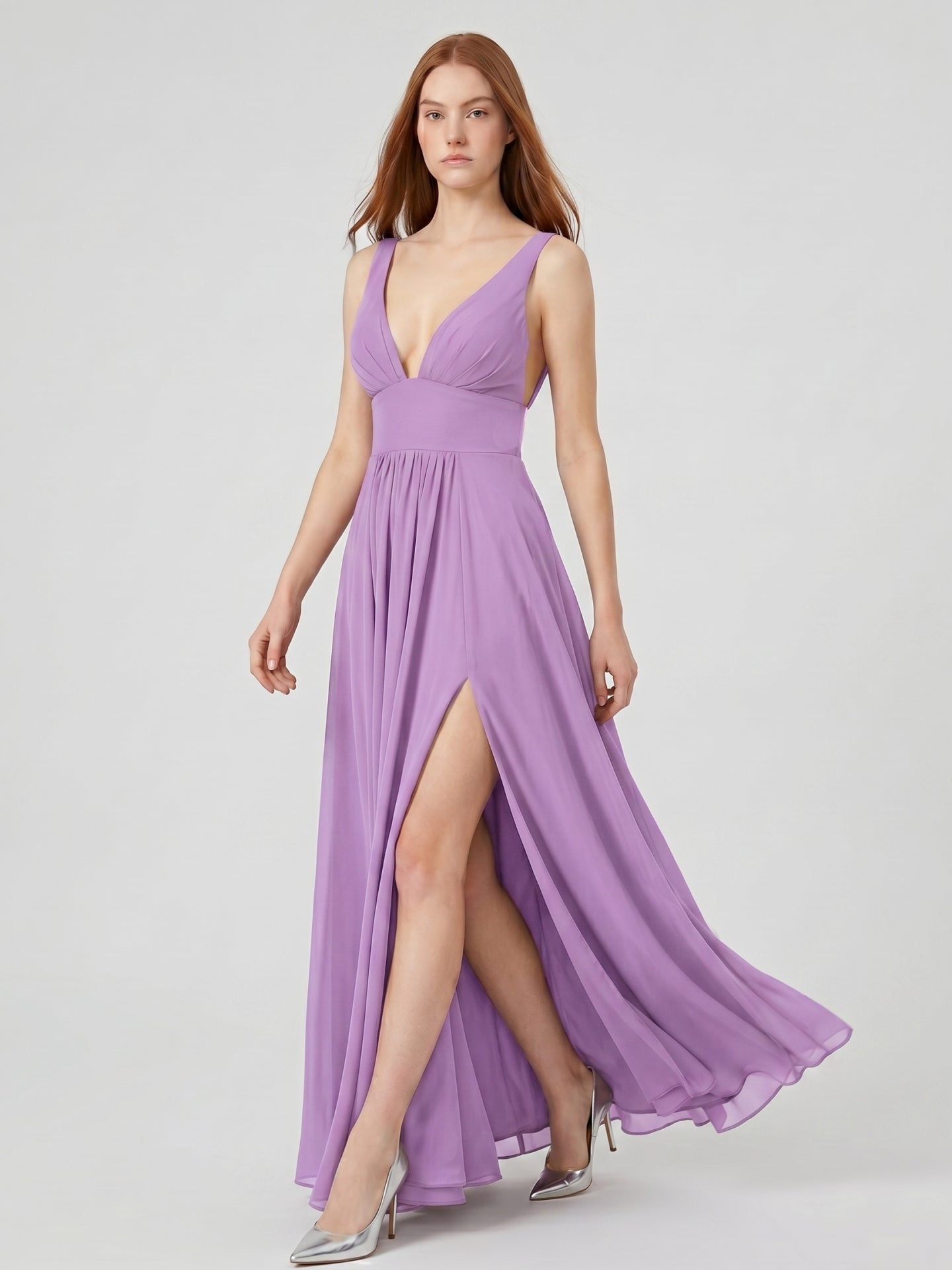 Wisteria Chiffon A-Line V-Neck Backless Floor-Length Bridesmaid Dress - Curvevia