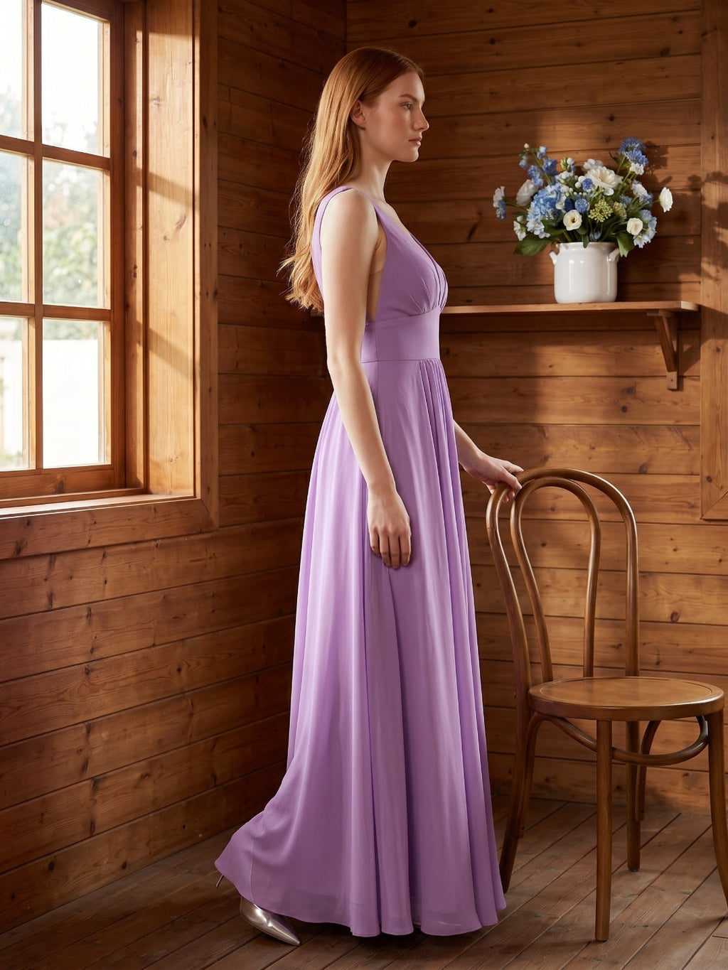 Wisteria Chiffon A-Line V-Neck Backless Floor-Length Bridesmaid Dress - Curvevia