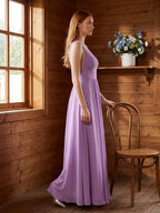 Wisteria Chiffon A-Line V-Neck Backless Floor-Length Bridesmaid Dress - Curvevia