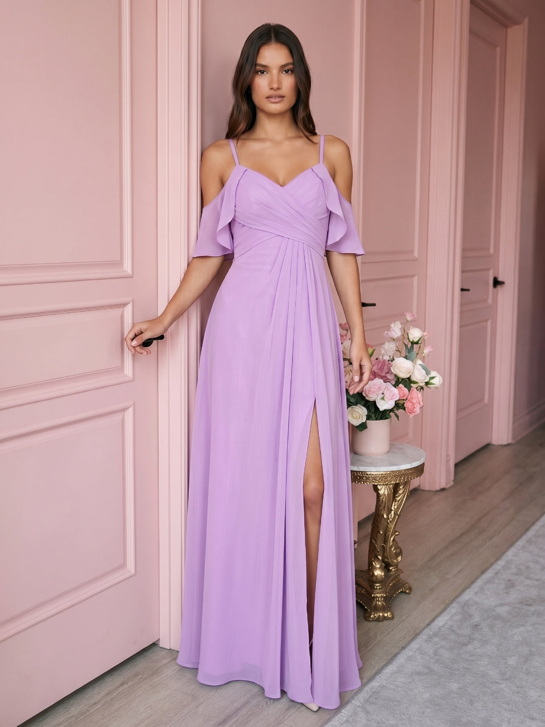Wisteria Chiffon Empire Sweetheart Back Zip Floor-Length Bridesmaid Dress - Curvevia
