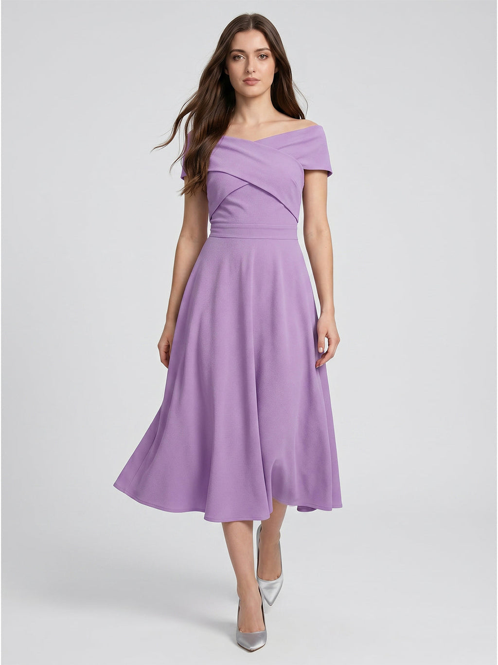Wisteria Matte Satin A-Line Off-the-Shoulder Back Zip Tea-Length Bridesmaid Dress - Curvevia