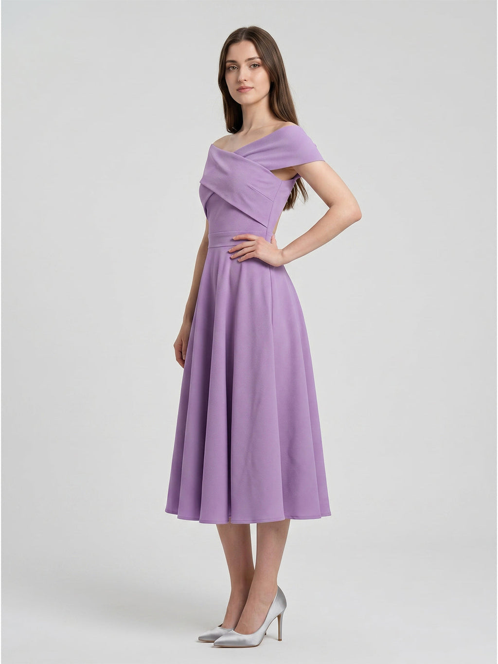 Wisteria Matte Satin A-Line Off-the-Shoulder Back Zip Tea-Length Bridesmaid Dress - Curvevia