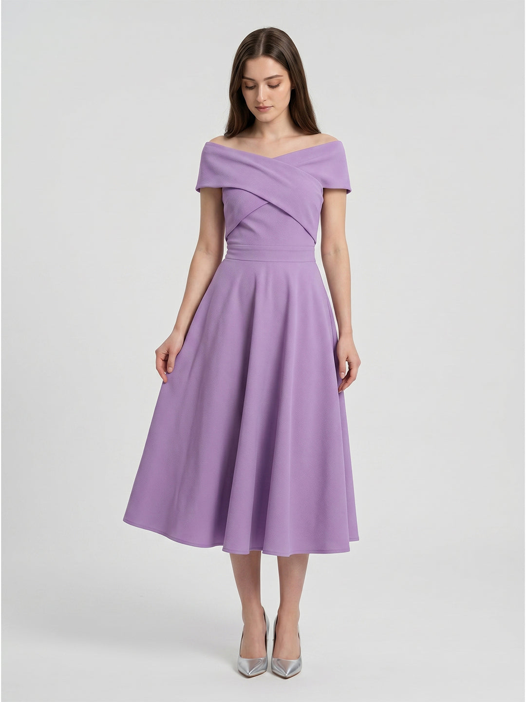 Wisteria Matte Satin A-Line Off-the-Shoulder Back Zip Tea-Length Bridesmaid Dress - Curvevia