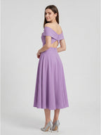 Wisteria Matte Satin A-Line Off-the-Shoulder Back Zip Tea-Length Bridesmaid Dress - Curvevia