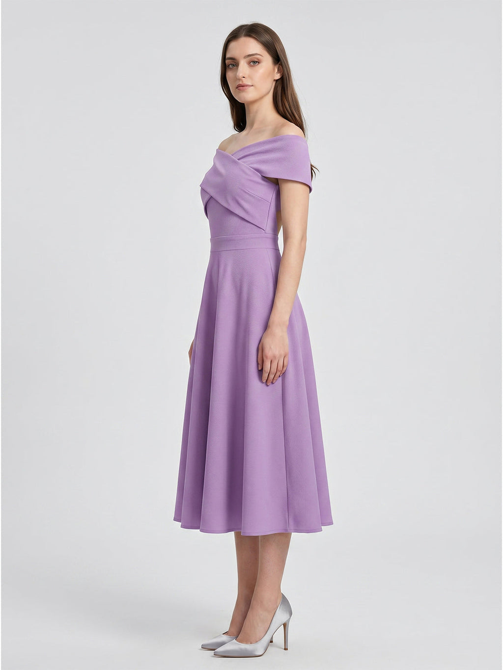Wisteria Matte Satin A-Line Off-the-Shoulder Back Zip Tea-Length Bridesmaid Dress - Curvevia