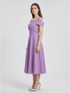 Wisteria Matte Satin A-Line Off-the-Shoulder Back Zip Tea-Length Bridesmaid Dress - Curvevia