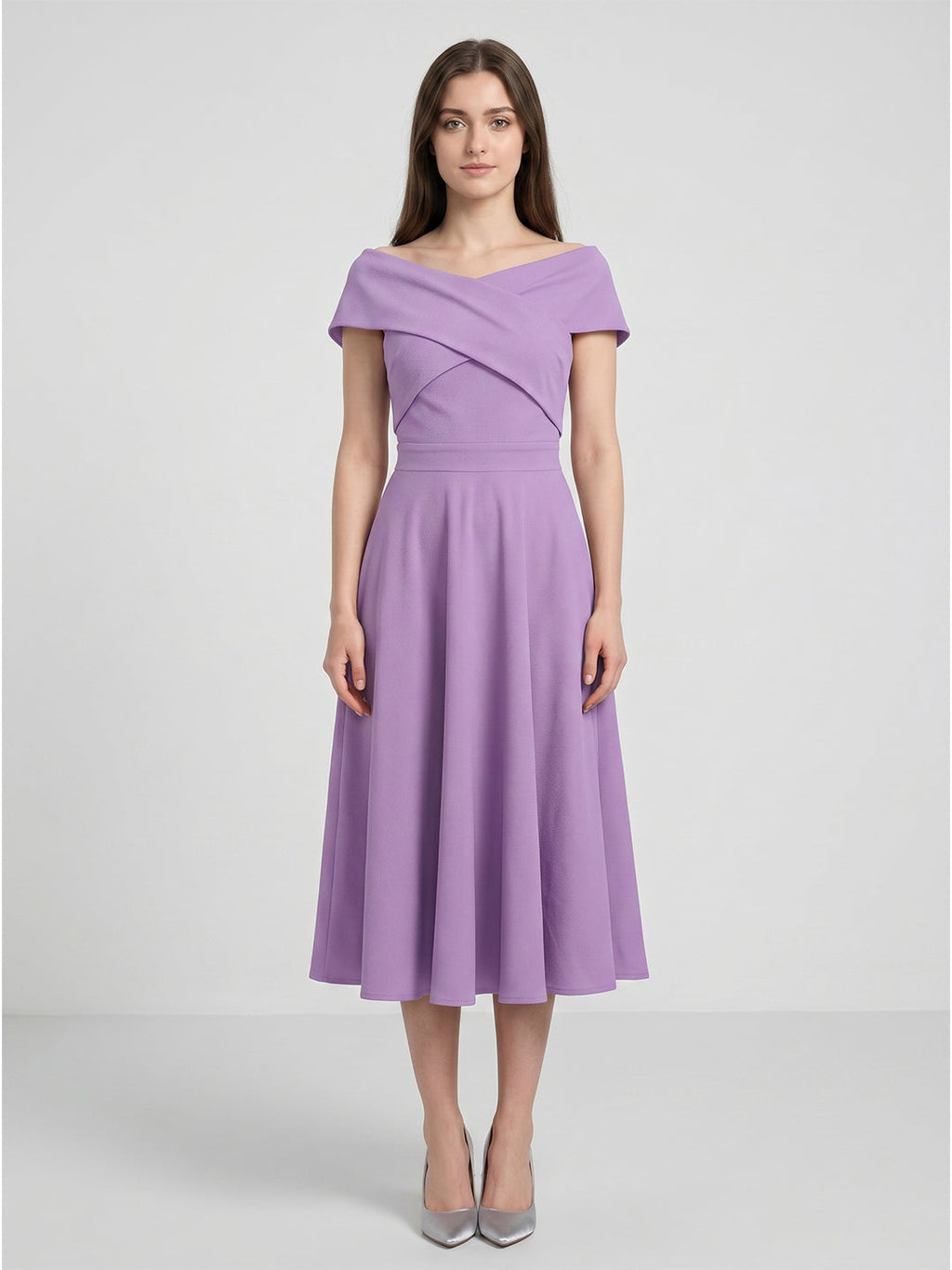 Wisteria Matte Satin A-Line Off-the-Shoulder Back Zip Tea-Length Bridesmaid Dress - Curvevia