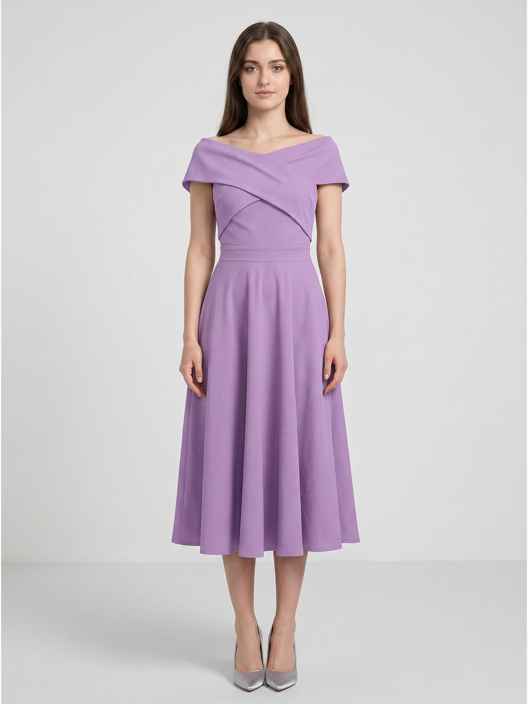 Wisteria Matte Satin A-Line Off-the-Shoulder Back Zip Tea-Length Bridesmaid Dress - Curvevia