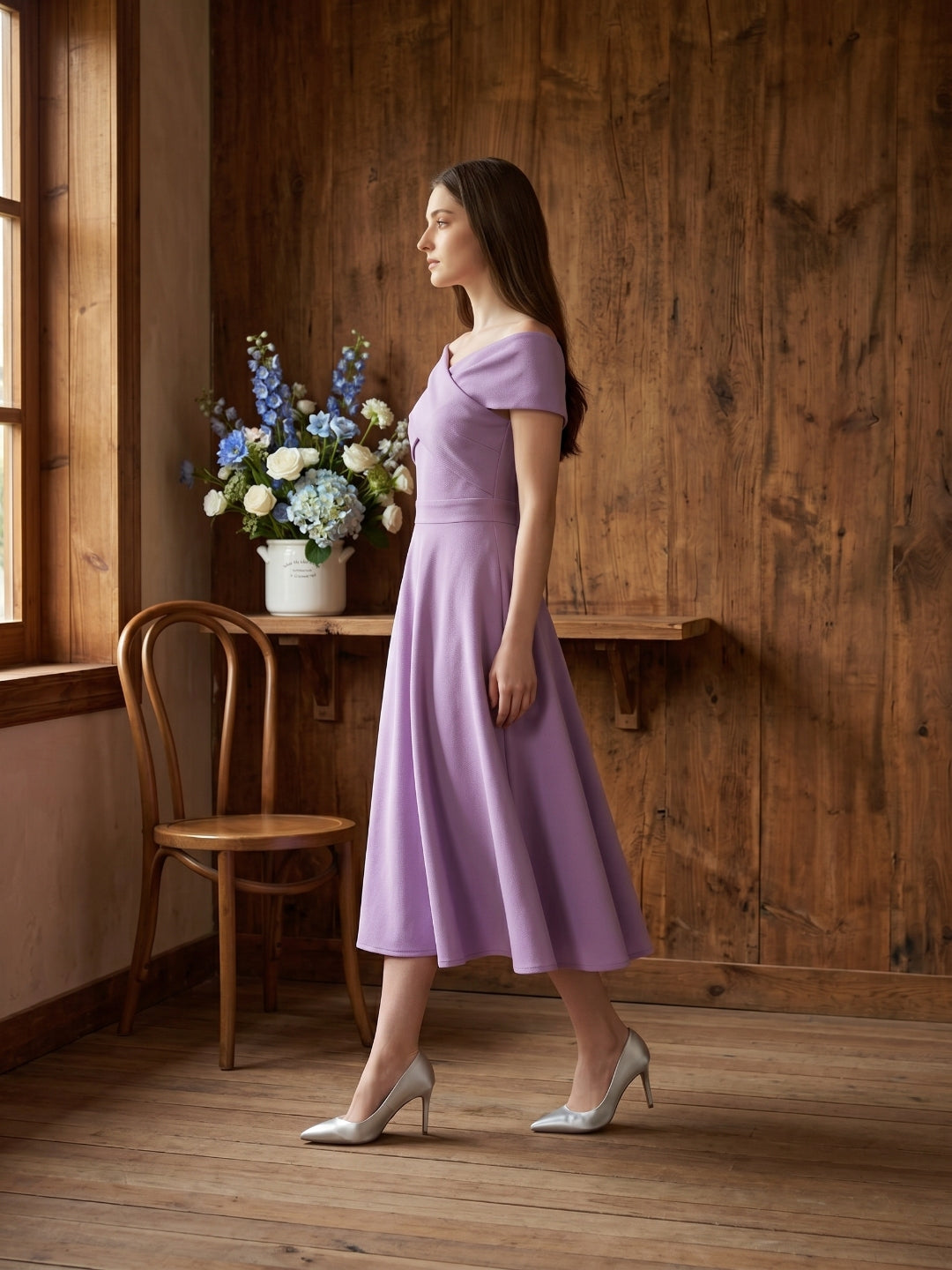 Wisteria Matte Satin A-Line Off-the-Shoulder Back Zip Tea-Length Bridesmaid Dress - Curvevia