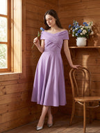 Wisteria Matte Satin A-Line Off-the-Shoulder Back Zip Tea-Length Bridesmaid Dress - Curvevia