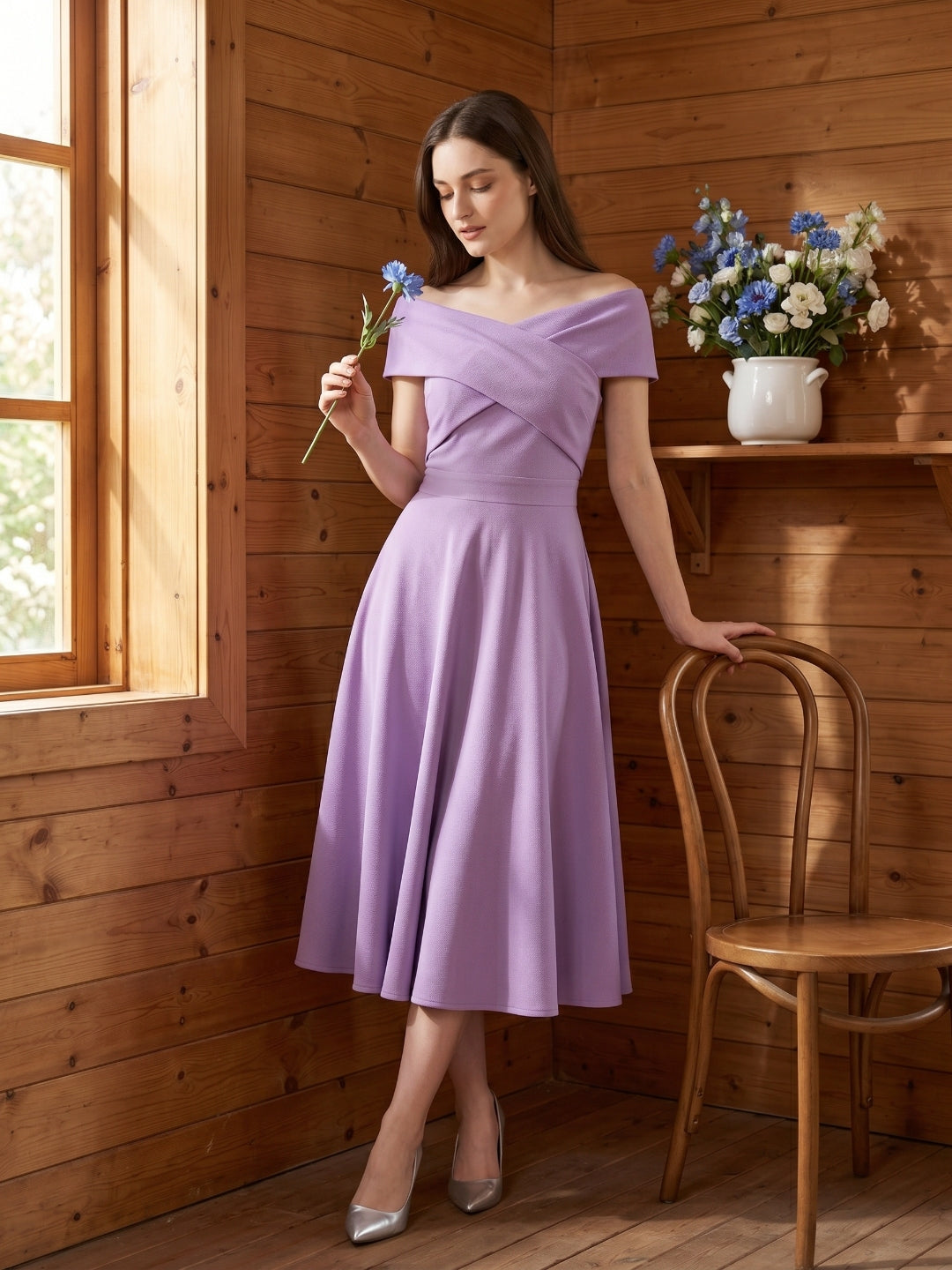 Wisteria Matte Satin A-Line Off-the-Shoulder Back Zip Tea-Length Bridesmaid Dress - Curvevia