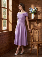 Wisteria Matte Satin A-Line Off-the-Shoulder Back Zip Tea-Length Bridesmaid Dress - Curvevia