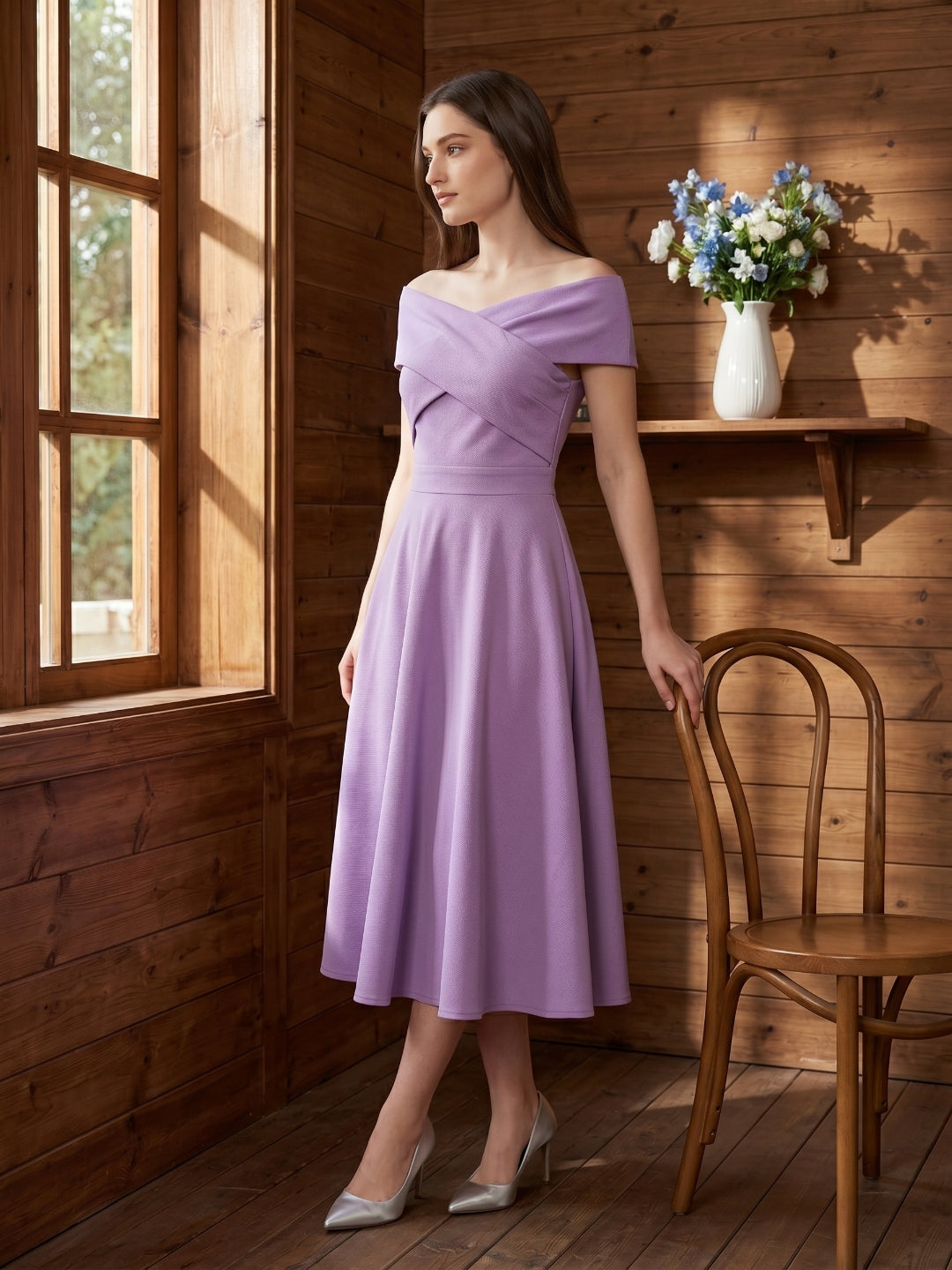 Wisteria Matte Satin A-Line Off-the-Shoulder Back Zip Tea-Length Bridesmaid Dress - Curvevia