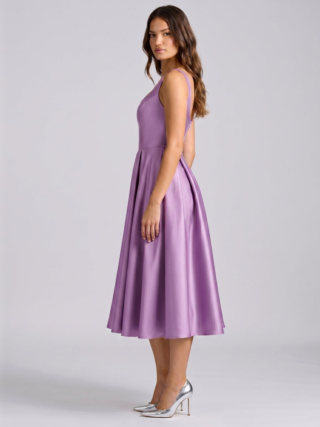 Wisteria Satin A-Line Square Neck Back Zip Knee-Length Bridesmaid Dress - Curvevia