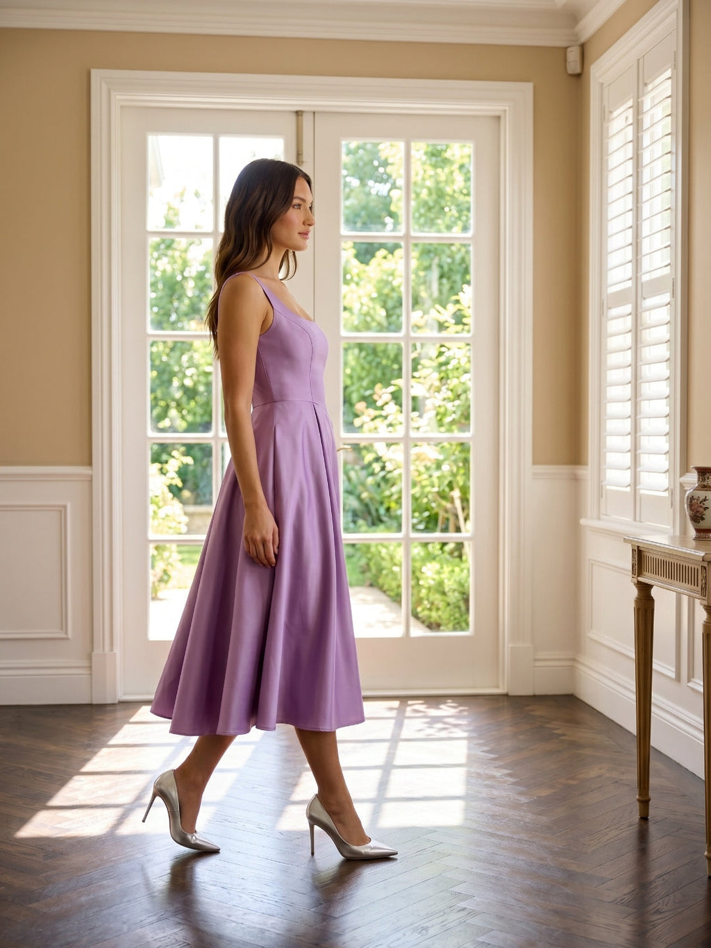 Wisteria Satin A-Line Square Neck Back Zip Knee-Length Bridesmaid Dress - Curvevia