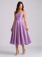 Wisteria Satin A-Line Square Neck Back Zip Knee-Length Bridesmaid Dress - Curvevia
