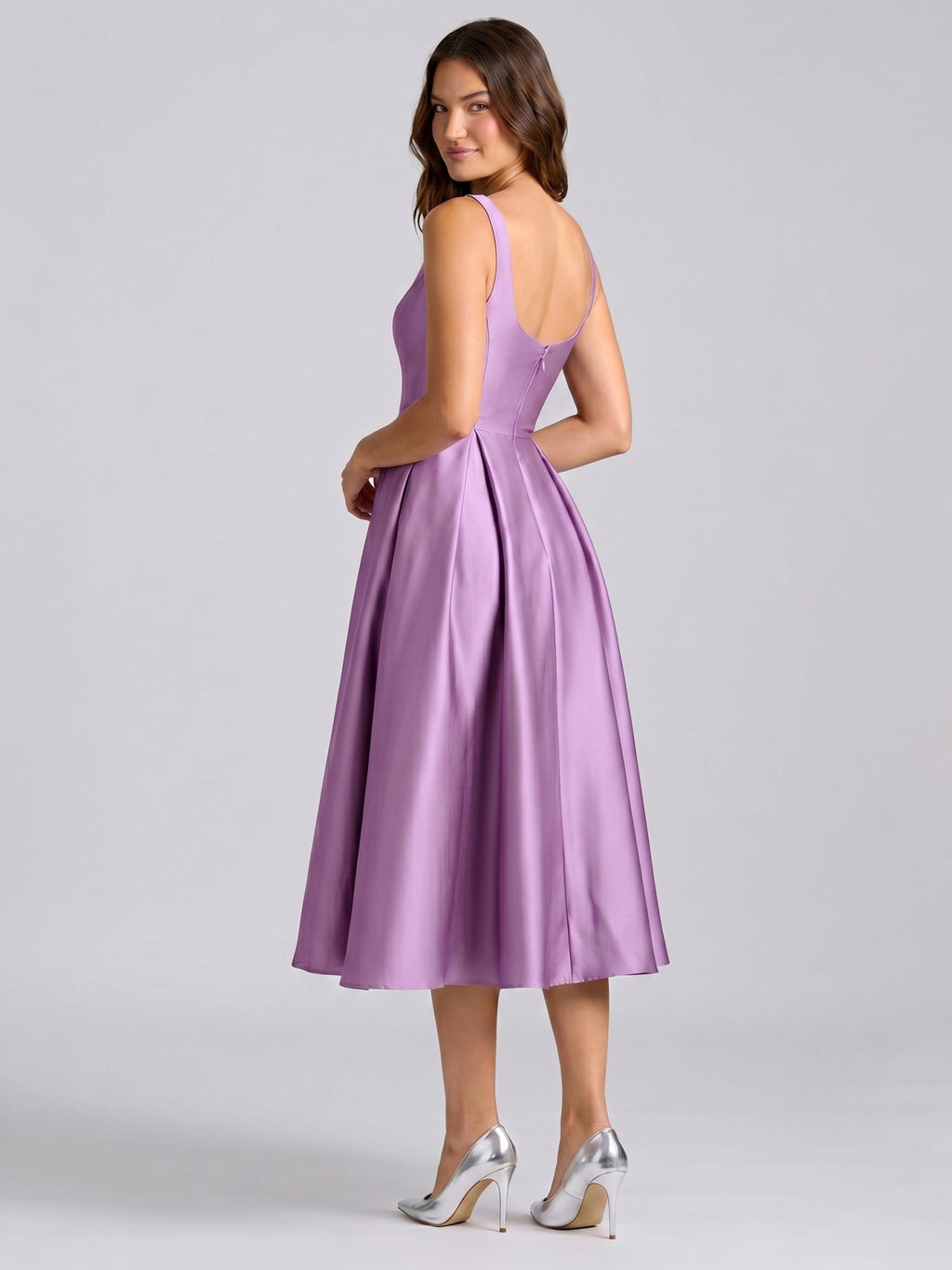 Wisteria Satin A-Line Square Neck Back Zip Knee-Length Bridesmaid Dress - Curvevia