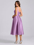 Wisteria Satin A-Line Square Neck Back Zip Knee-Length Bridesmaid Dress - Curvevia