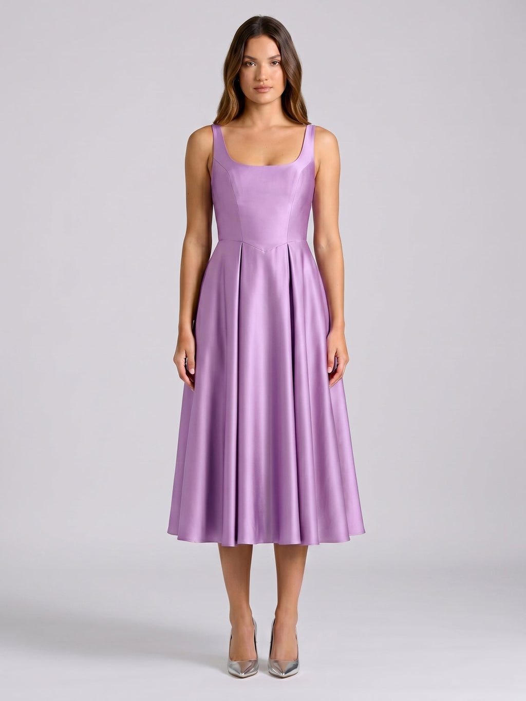 Wisteria Satin A-Line Square Neck Back Zip Knee-Length Bridesmaid Dress - Curvevia