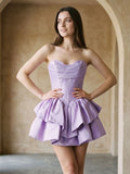 Wisteria Satin A-Line Sweetheart Back Zip Short Dress with Pleating - Curvevia