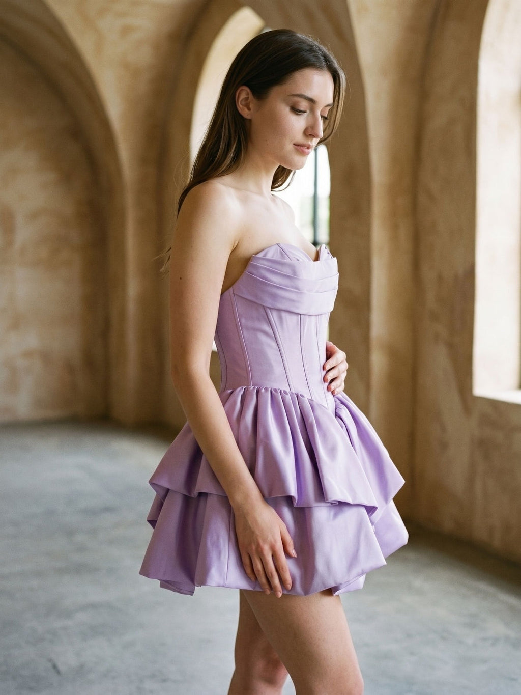 Wisteria Satin A-Line Sweetheart Back Zip Short Dress with Pleating - Curvevia