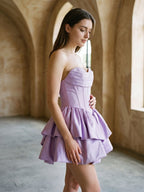 Wisteria Satin A-Line Sweetheart Back Zip Short Dress with Pleating - Curvevia